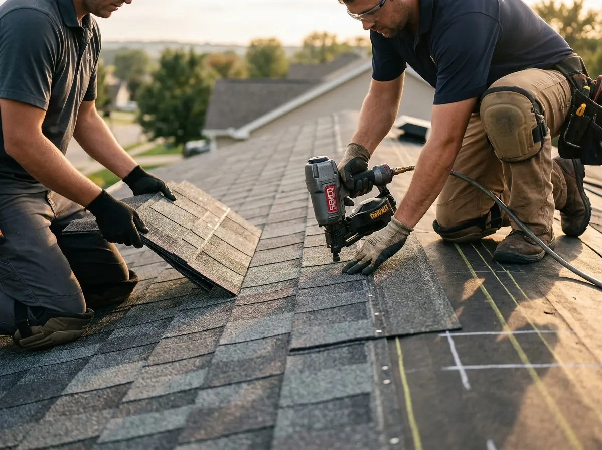 Professional roofer working on a residential roof in Converse